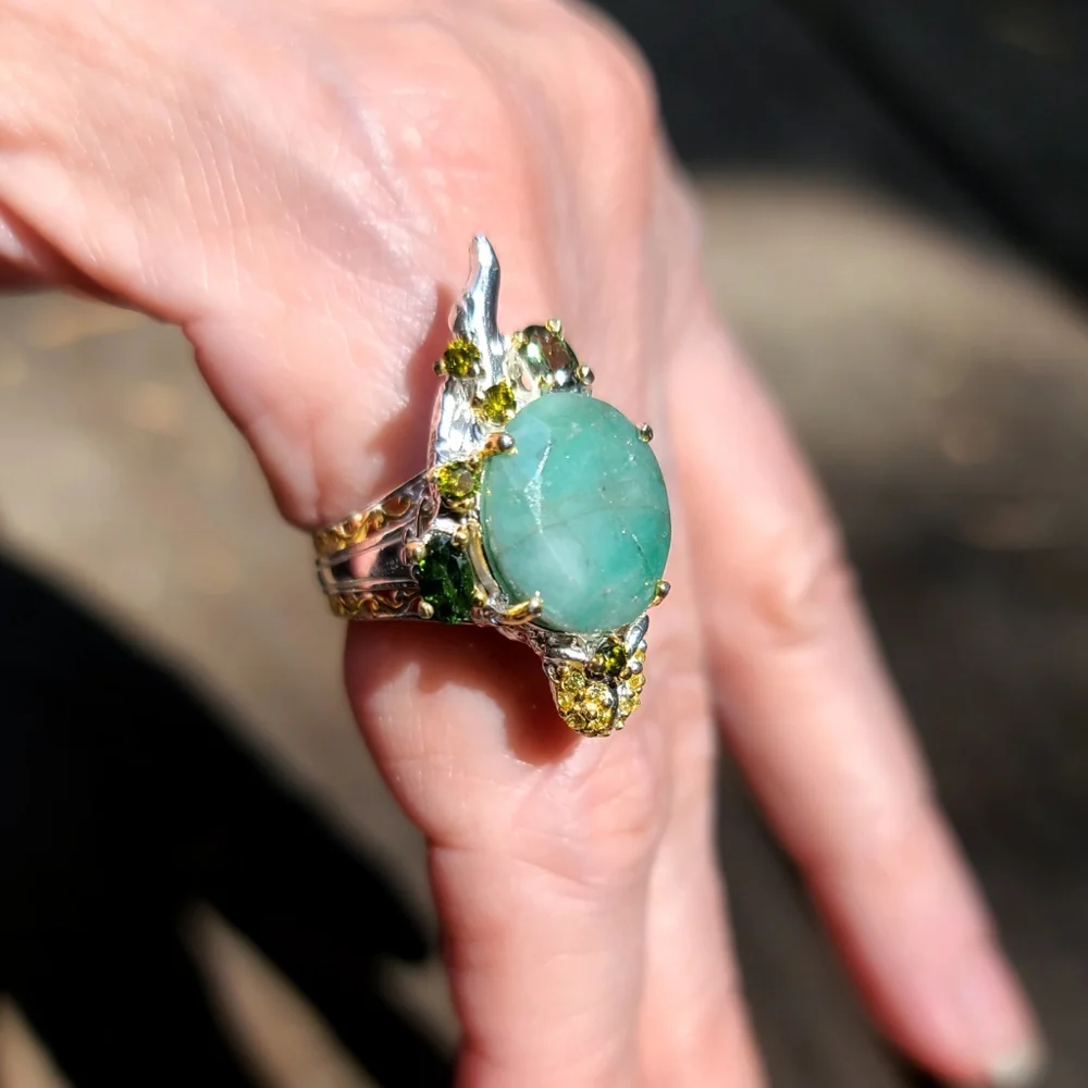 12k Emerald & Tourmaline Lizard 🦎 sterling &gold ring sz7.5 💍 - Picture 3 of 8